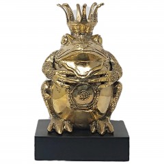 BRONZ KING FROG COLORED GOLD ON STAND - BRONZE STATUES
